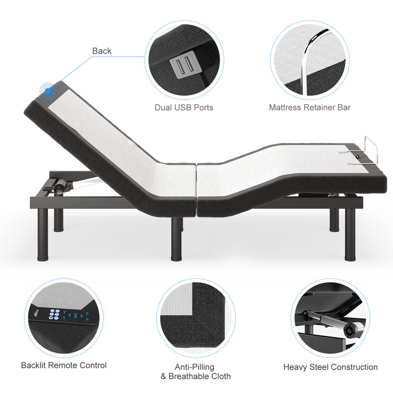 Furgle Queen Adjustable Bed Base Frame Ergonomic Adjustable Bed Base Double Motor Bed Frame with Massage 2 USB Ports Head and Foot Incline with Wireless Remote Control